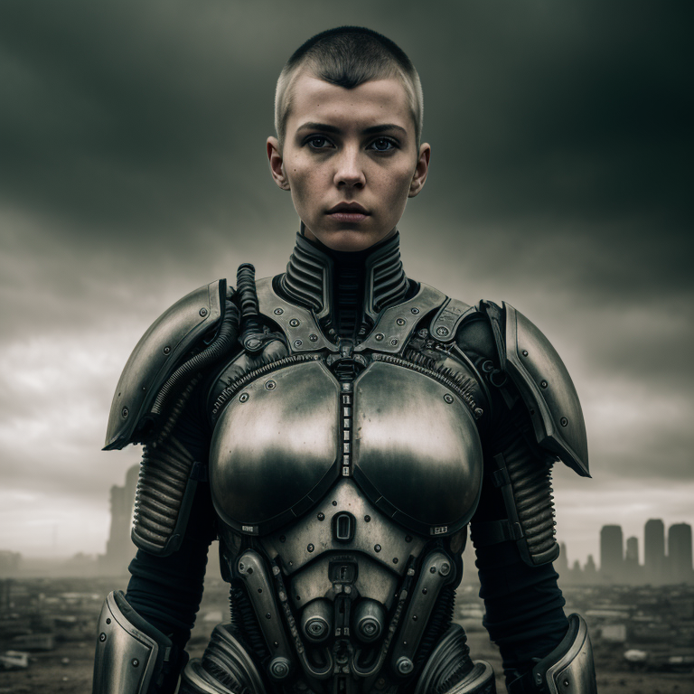 RAW photo, 1girl, biopunk style, giger style, (gloomy:1.4), a portrait of woman in light armor, short haircut, slim body, ...